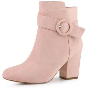 Round Toe Side Zip Buckle Chunky Heel Dust Pink Ankle Boots